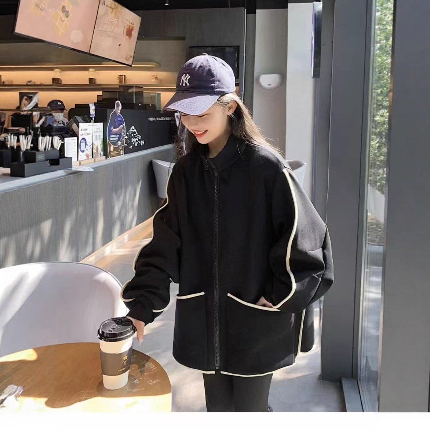 25年秋冬外套加绒加厚保暖外套拼条学院风外套上衣新款慵懒风外套