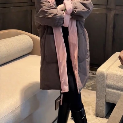 高端双面穿连帽棉服女款冬季派克服休闲宽松中长款25棉衣夹棉外套