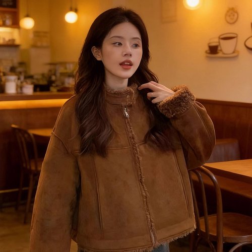 感立领毛毛拼接外套女秋冬宽松休闲复古加厚保暖短款夹克上衣