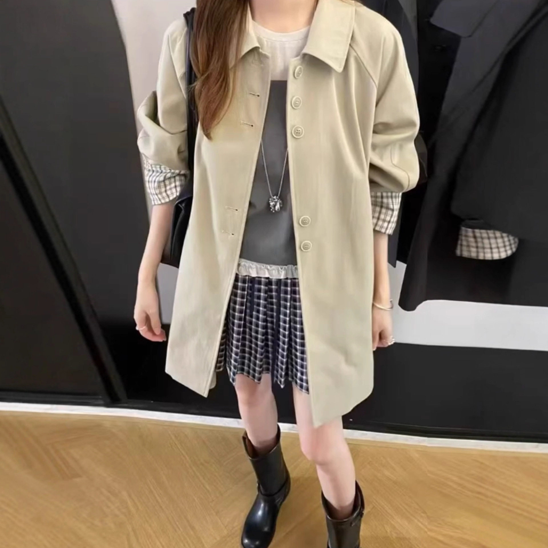 韩系工装中长款风衣外套女2025秋季新款宽松翻领时尚大衣百搭上衣