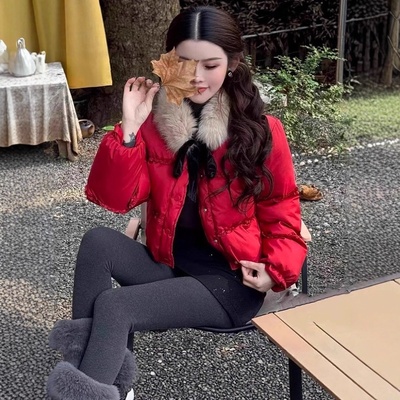 时尚短款羽绒棉服女2025冬季新款洋气小个子毛领加厚保暖棉袄外套