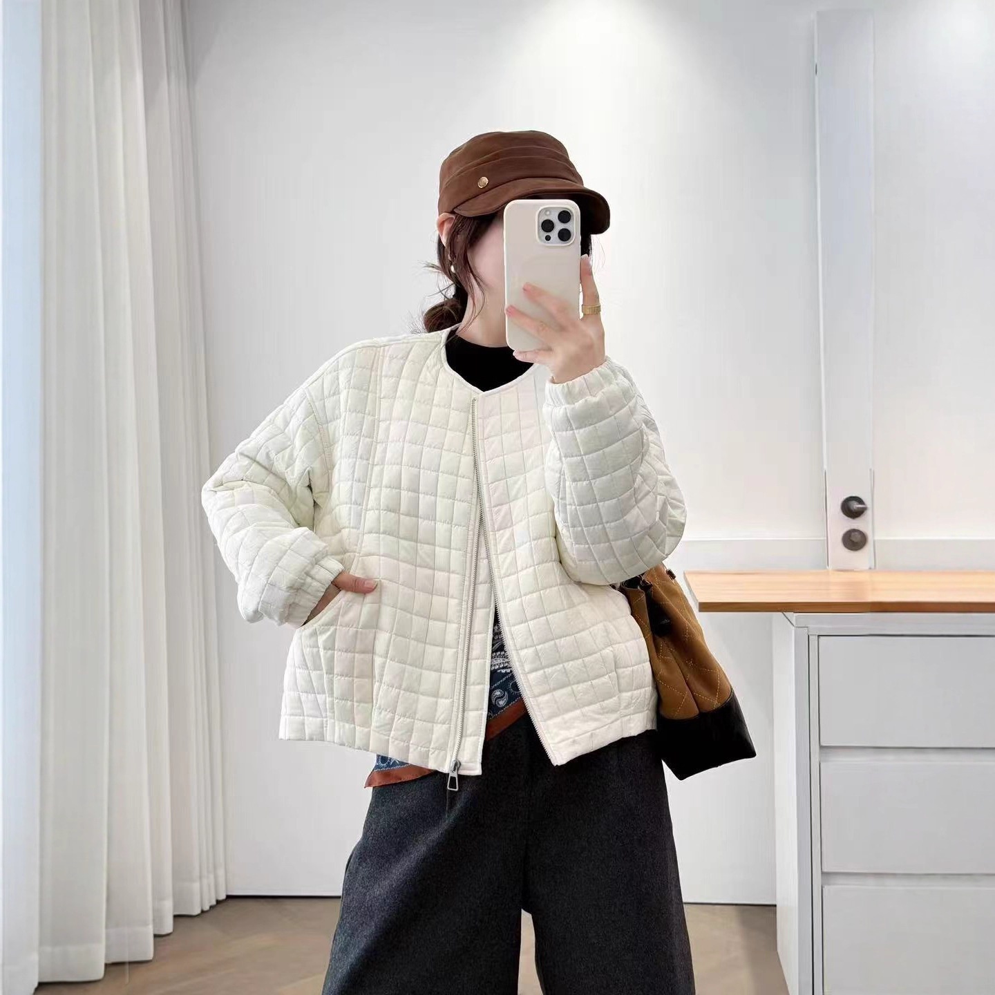 25冬款棉袄女宽松休闲韩版菱形格棉衣学院风外套加棉加厚保暖棉衣