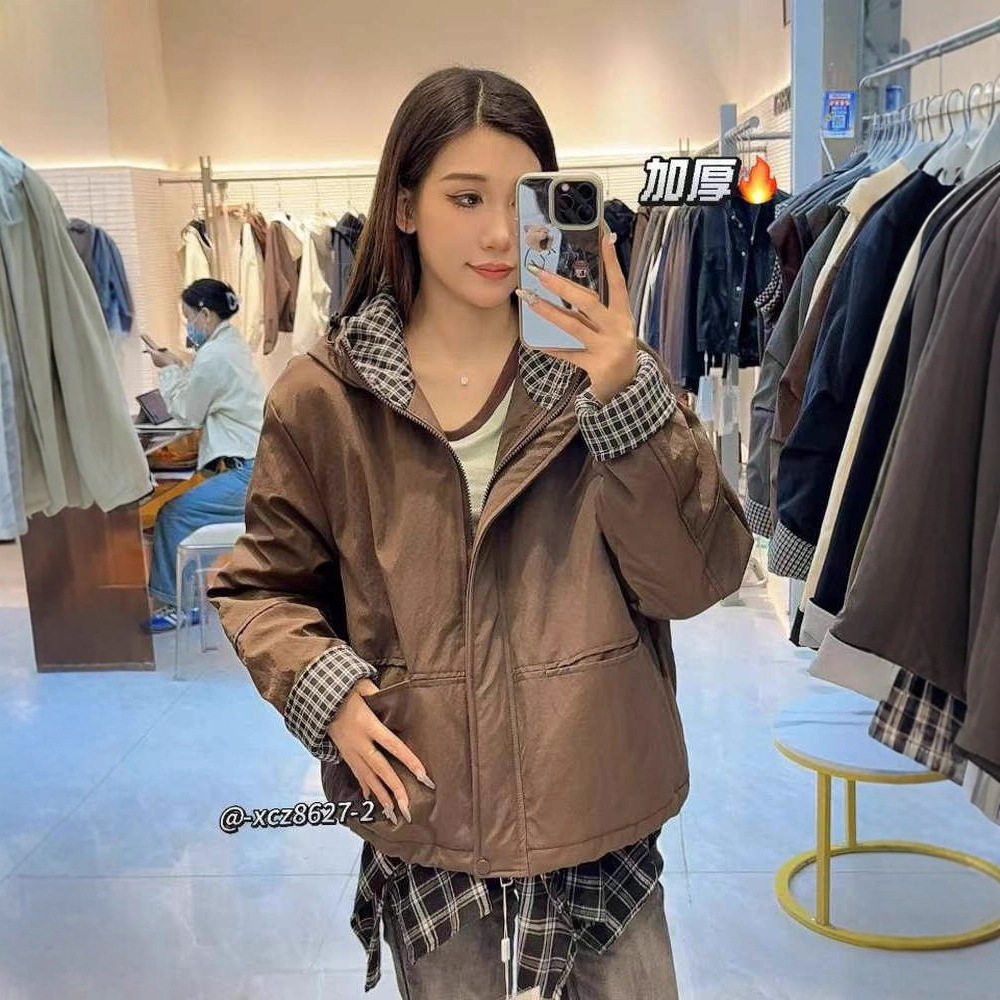 韩版时尚连帽格子拼接棉服外套女2025冬季新款宽松显瘦百搭棉外套