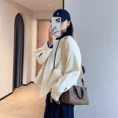 WTHEONE韩系休闲条纹绗绣压花小个子宽松显瘦圆领夹克外套女2025