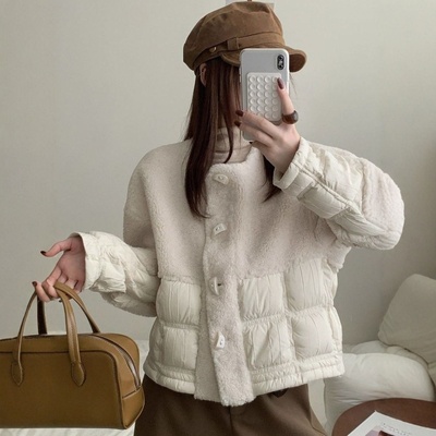 高端韩版宽松加厚羊羔毛拼接羽绒服女25冬新款时尚白鸭绒保暖外套