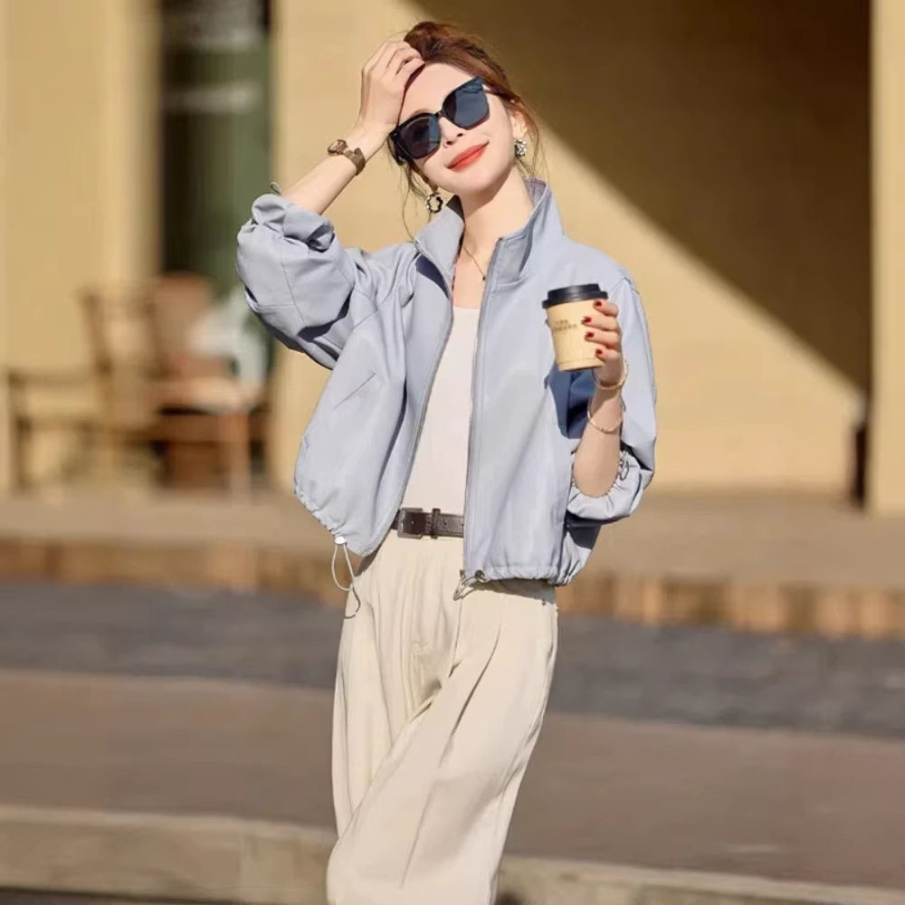 新款立领短款外套女春秋小个子洋气休闲宽松pu皮夹克减龄水洗皮衣