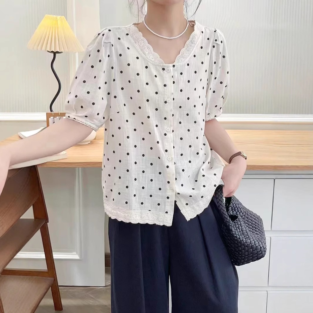 25年夏款衬衫短袖女点点格子蕾丝拼接衬衣学院风新款薄款衬衣短袖