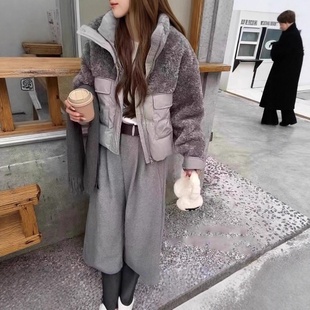 羊羔毛拼接立领短款羽绒服女2025秋冬灰色宽松显瘦白鸭绒保暖外套