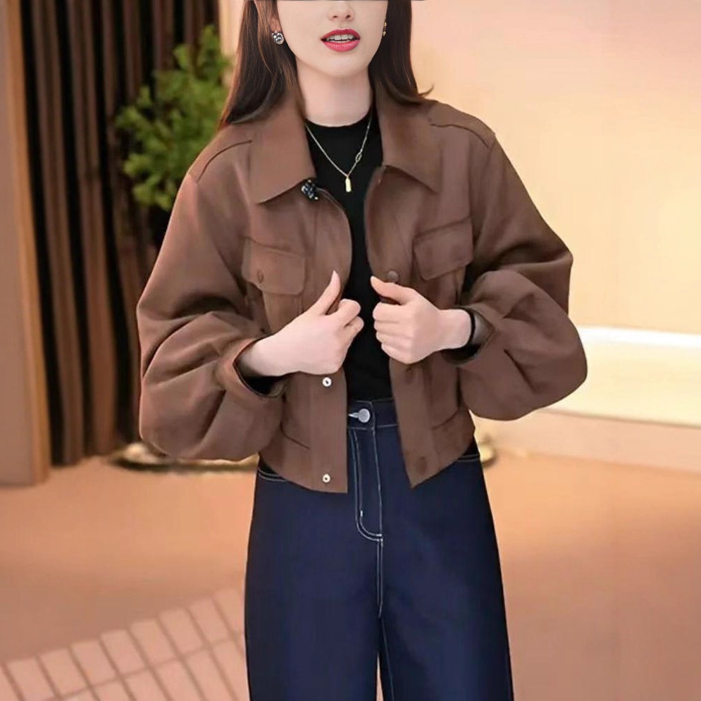 翻领麂皮绒外套女2025秋季新款小个子时尚百搭休闲短款夹克上衣