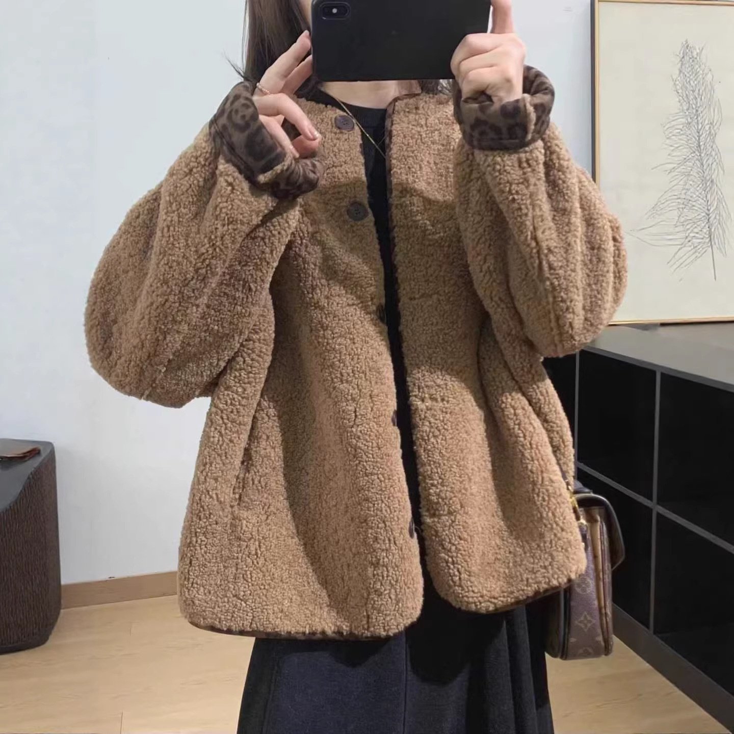 单排扣拼色豹纹羊羔毛外套女2025秋冬季新款宽松加厚休闲百搭上衣,女装/女士精品,短外套,淘宝优惠券,粉丝福利购,淘宝优惠卷