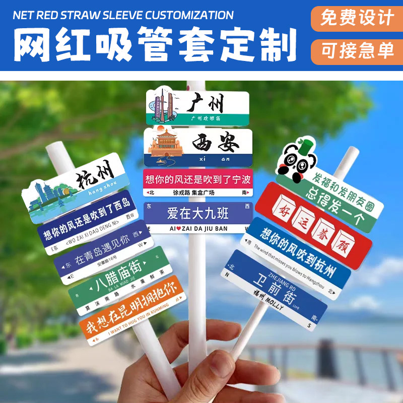 路牌吸管套定制logo卡片装饰咖啡标签网红奶茶杯套城市名地标插牌图片