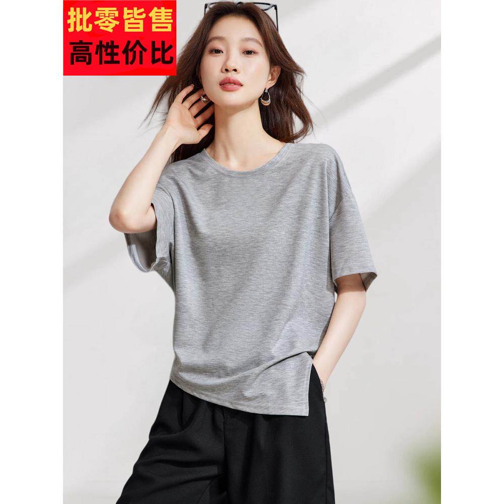 2025夏季新款小高开衩t恤短款慵懒宽松西式圆领短袖女士上衣