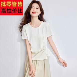 不规则正肩短袖t恤女夏季2025新款高级感拼接显瘦遮肚子小众上衣