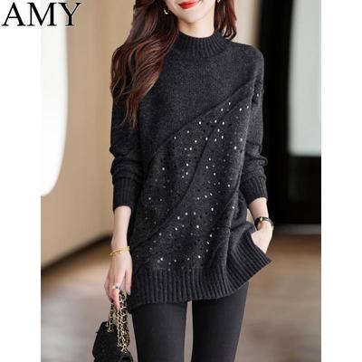 2024新款轻熟时尚亮片黑色毛衣冬季半高领加厚气质长袖打底上衣女