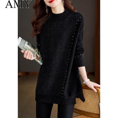 2025冬季新款黑色遮肚子打底衫毛衣钉珠慵懒大码加厚半高领上衣女