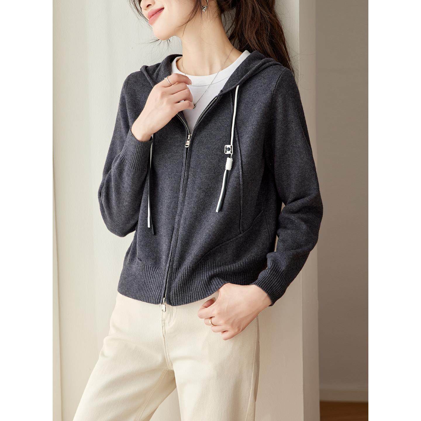 2025春秋新款连帽衫羊毛衫针织衫女开衫短款拉炼毛衣外套高腰披肩