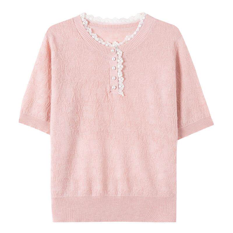 冰丝短袖女白T恤2025夏新款薄款针织衫蕾丝法式小香风上衣配裙子