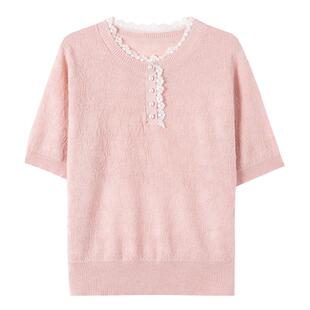 冰丝短袖女白T恤2025夏新款薄款针织衫蕾丝法式小香风上衣配裙子