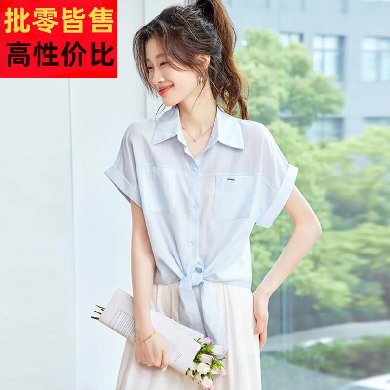 2025夏季新款法式高级感蓝色绑带短袖衬衫女轻薄衬衫宽松上衣小衫