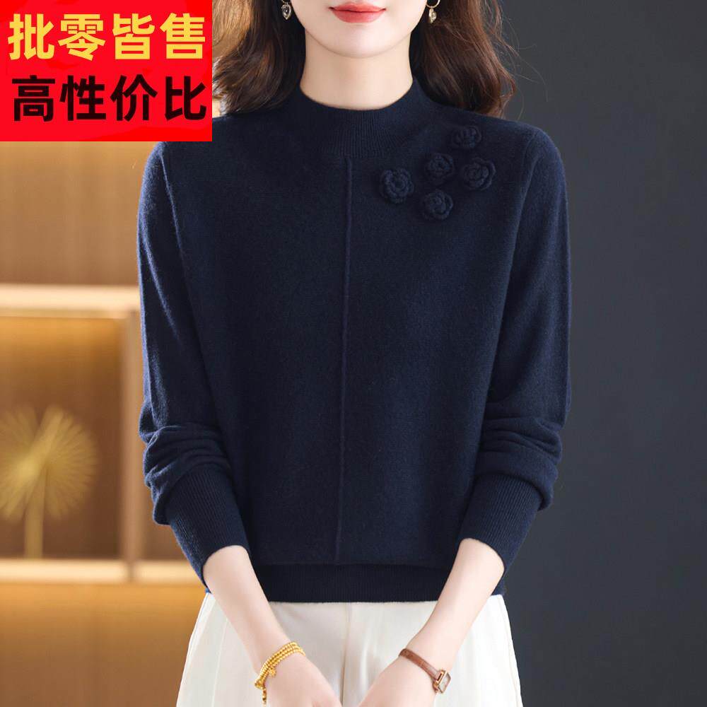 秋冬新款半高领100%纯羊绒衫女毛衣短款小个子时尚打底衫宽松上衣