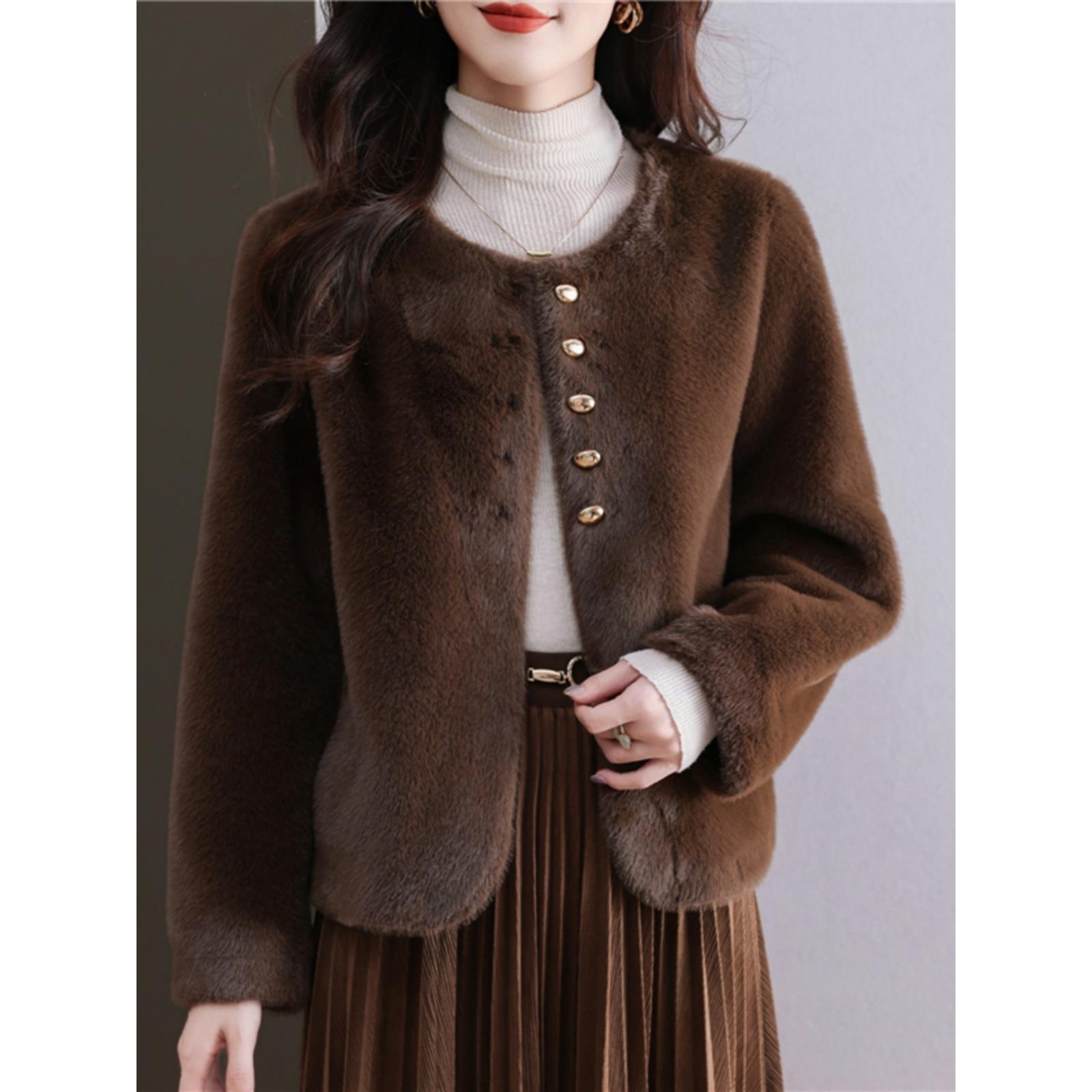 咖色女装高端皮毛一体仿水貂毛绒皮草大衣短款圆领毛绒绒外套秋冬