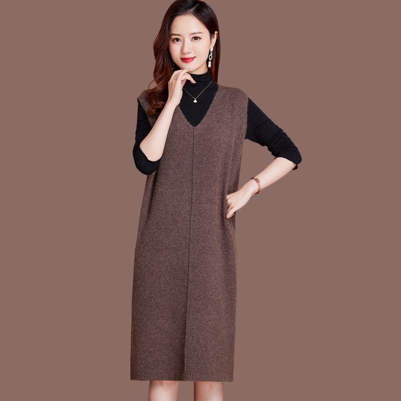 毛衣马甲背心女春秋新款中长款羊毛针织连衣裙无袖坎肩V领