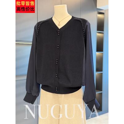 时尚洋气雪纺拼接针织衫女妈妈装秋装新款上衣气质百搭中老年打底