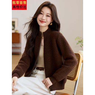 2025新款秋冬加厚100纯羊毛衫女爆款宽松拉炼咖色羊羔绒毛衣外套