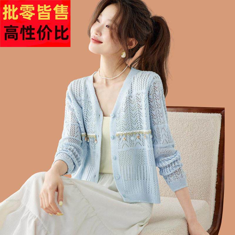 镂空针织开衫女薄款2025秋季新款超火减年短款毛衣外套配裙子外搭