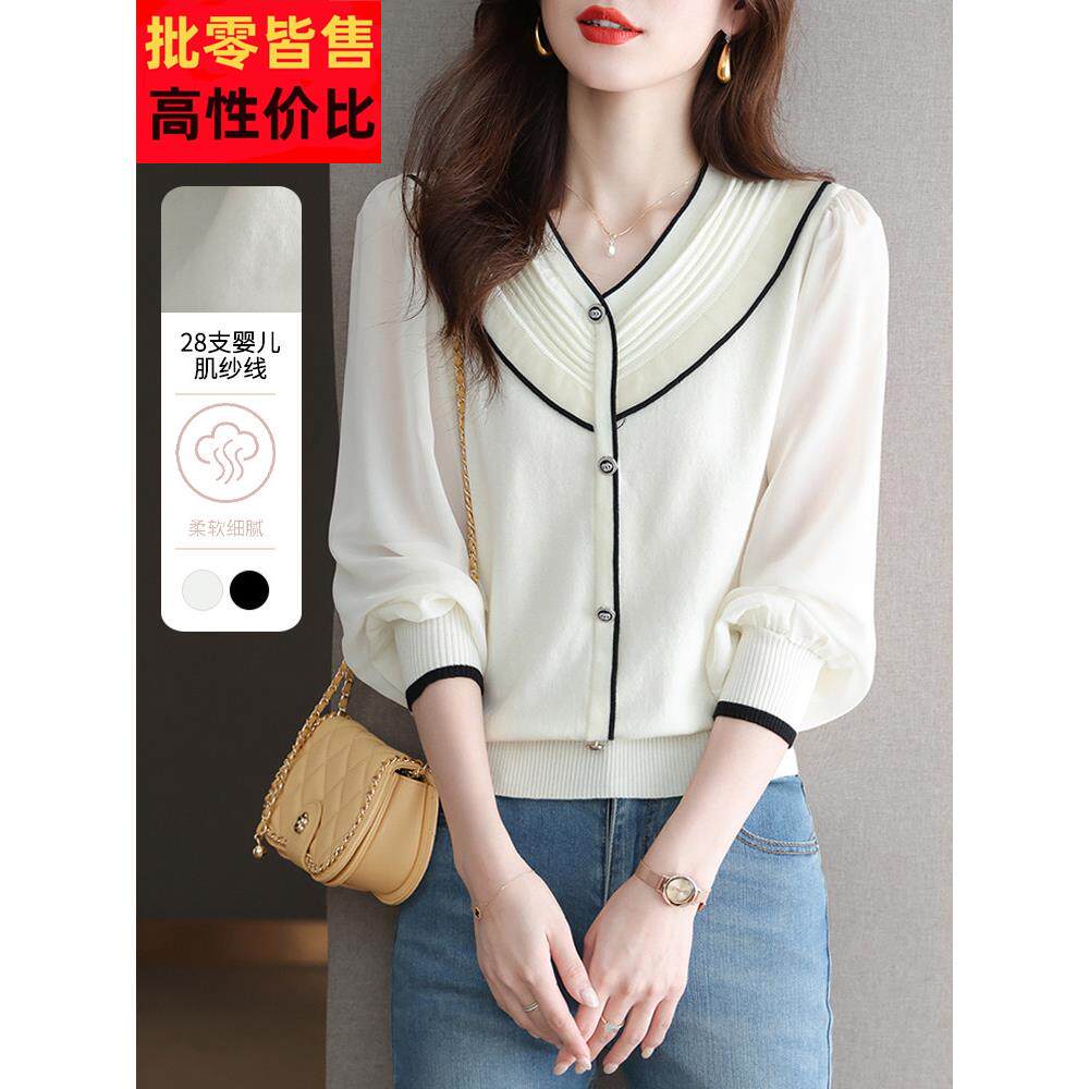 假两件雪纺长袖t恤女2025秋新款高级感气质宽松上衣春秋洋气小衫