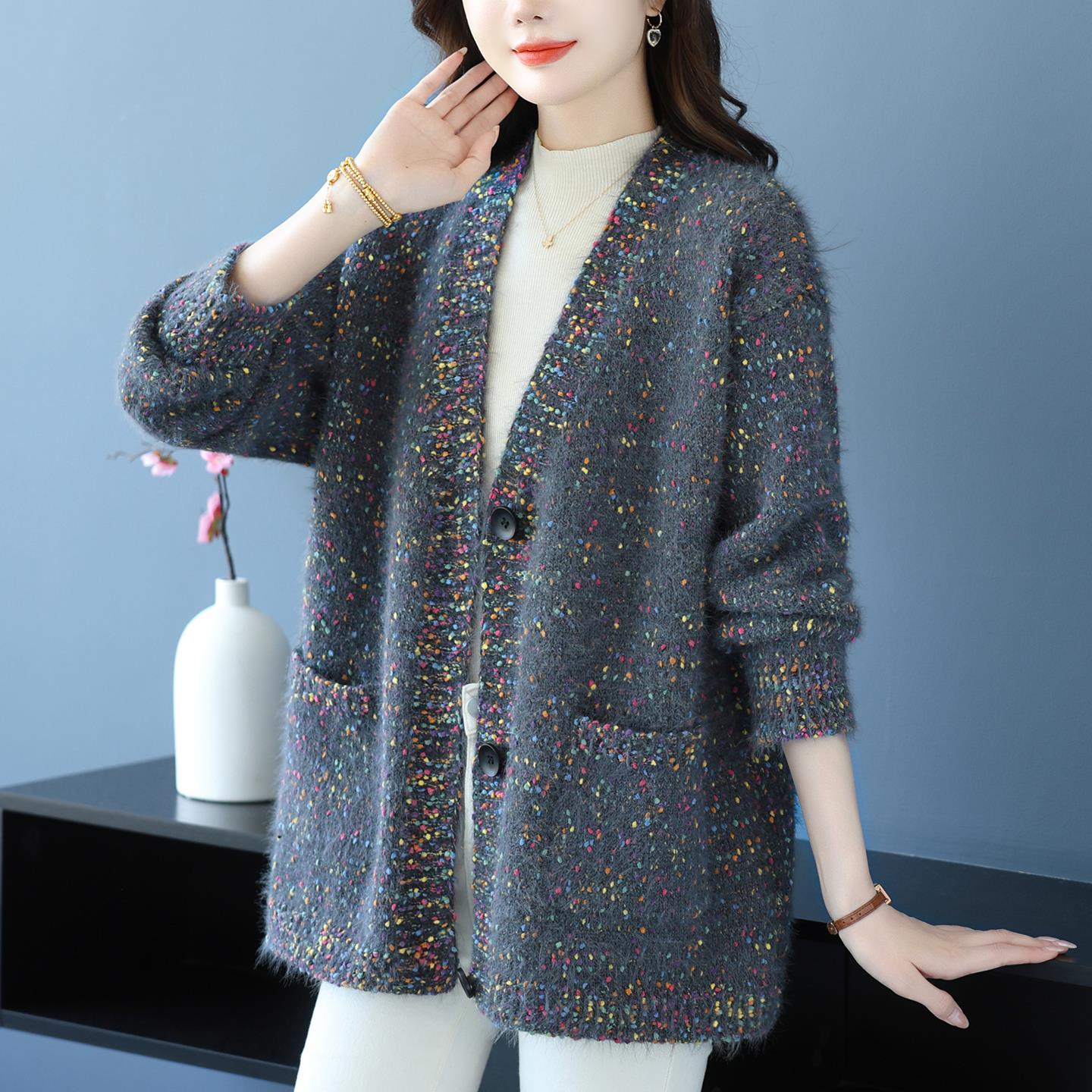 粗线针织开衫外套女中长款高级感秋装上衣宽松大码外穿毛衣慵懒风