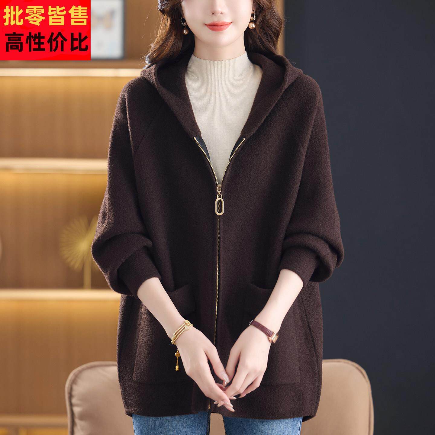 加肥加大码新款女装秋冬连帽毛呢外套宽松休闲胖妹妹双面羊绒大衣