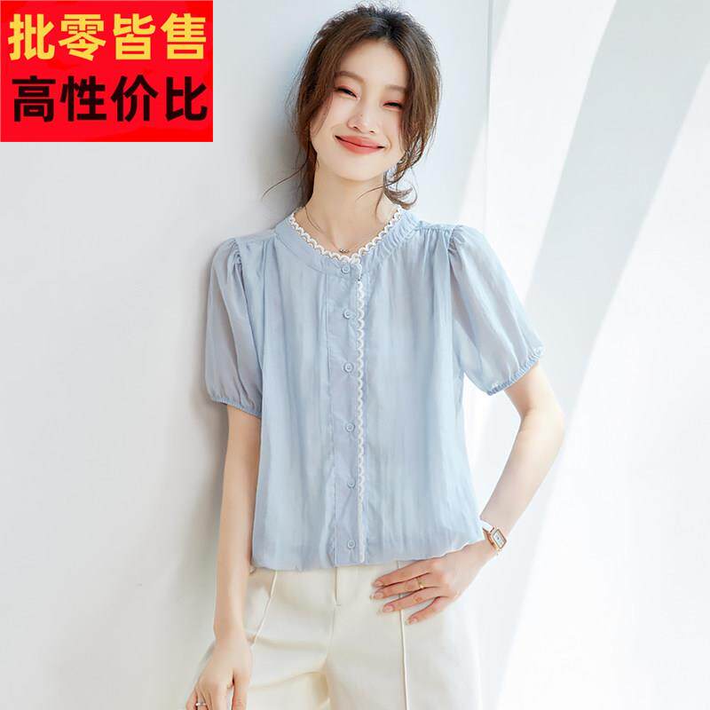 法式正肩短袖t恤女2025新款夏泡泡袖减龄别致小衫小个子宽松上衣