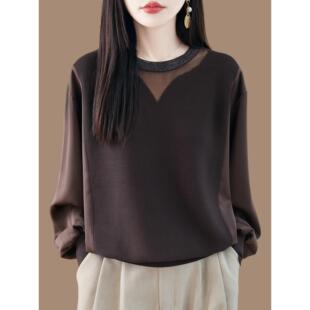 新款大码胖mm女士针织衫遮肚子真丝拼接长袖冰丝上衣圆领打底t恤