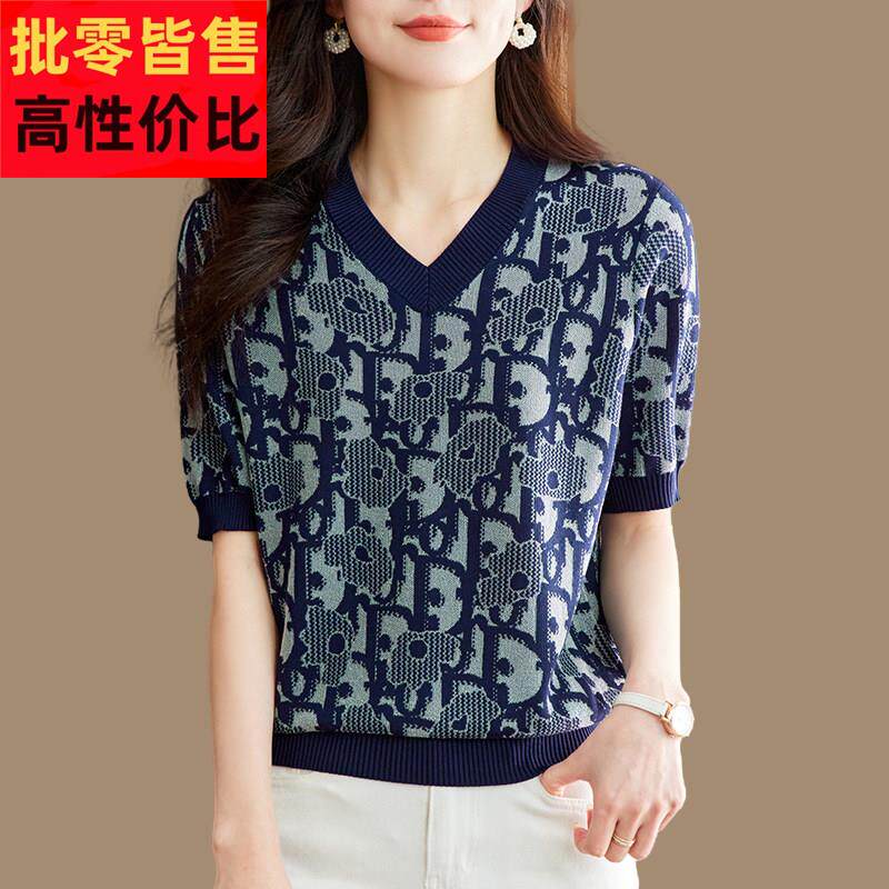 V领桑蚕丝针织衫女夏宽松薄款提花上衣妈妈女装冰丝短袖t恤打底衫