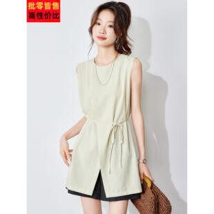 2025夏季新款高级感开叉设计无袖t恤女背心上衣洋气中长款上衣薄