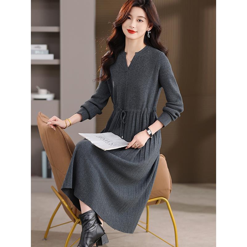 胖mm套头女装加大码针织毛衣连衣裙长袖羊毛衫中长款打底衫系带款