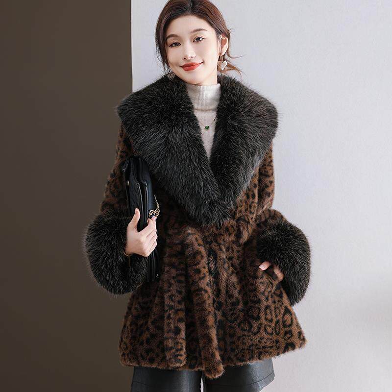 水貂绒皮草大衣外套女开衫中长款系带毛领羊毛衫宽松大码豹纹披肩