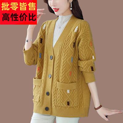 花色外套毛衣女秋冬加厚韩版宽松大码200斤针织上衣V领羊毛衫开衫