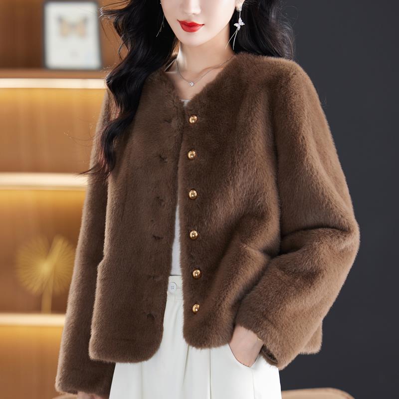 皮毛一体外套女秋冬2024新款高端仿水貂绒毛呢开衫厚海宁皮草大衣