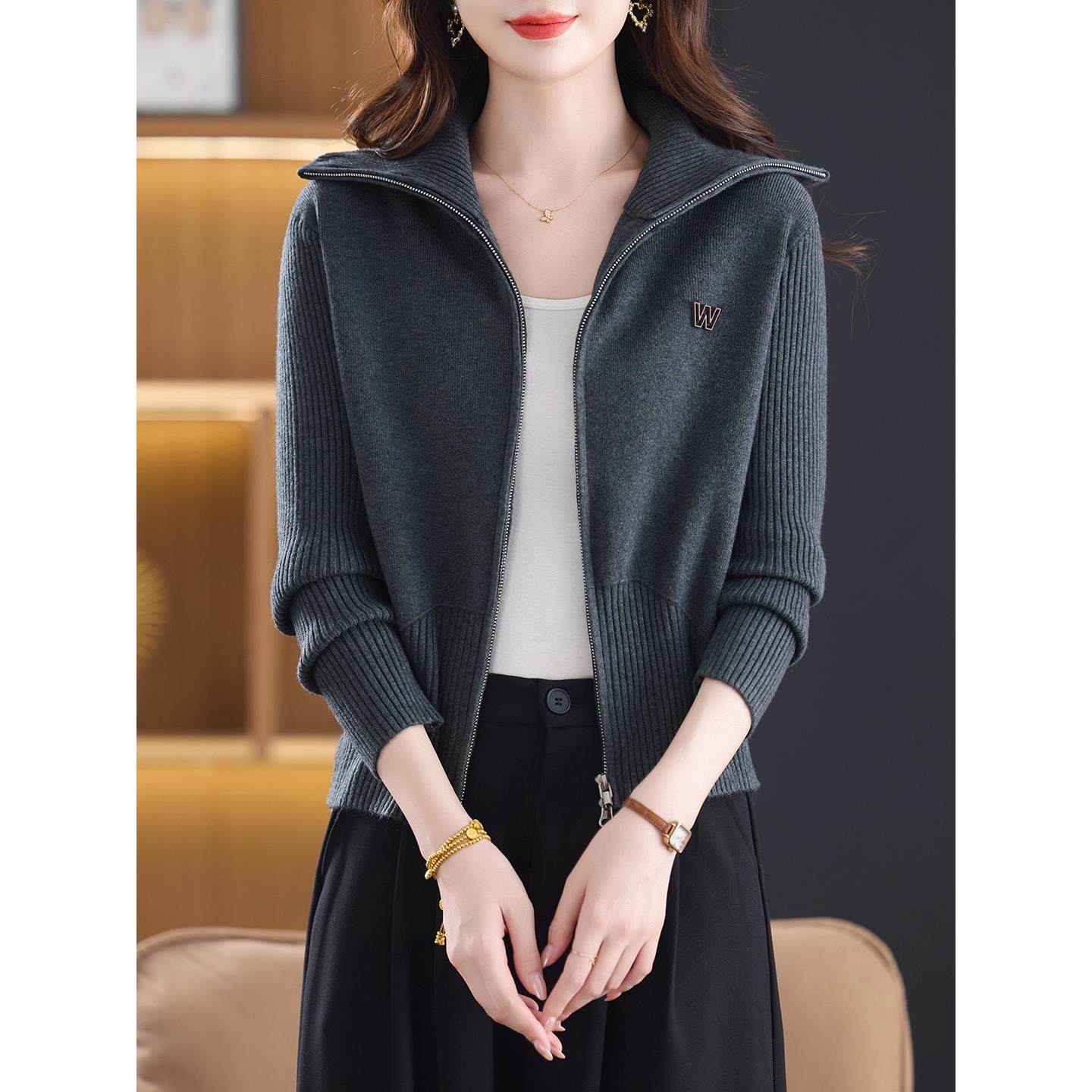 翻领羊毛衫拉炼针织衫女开衫超短款高腰小个子毛衣外套卡腰小披肩