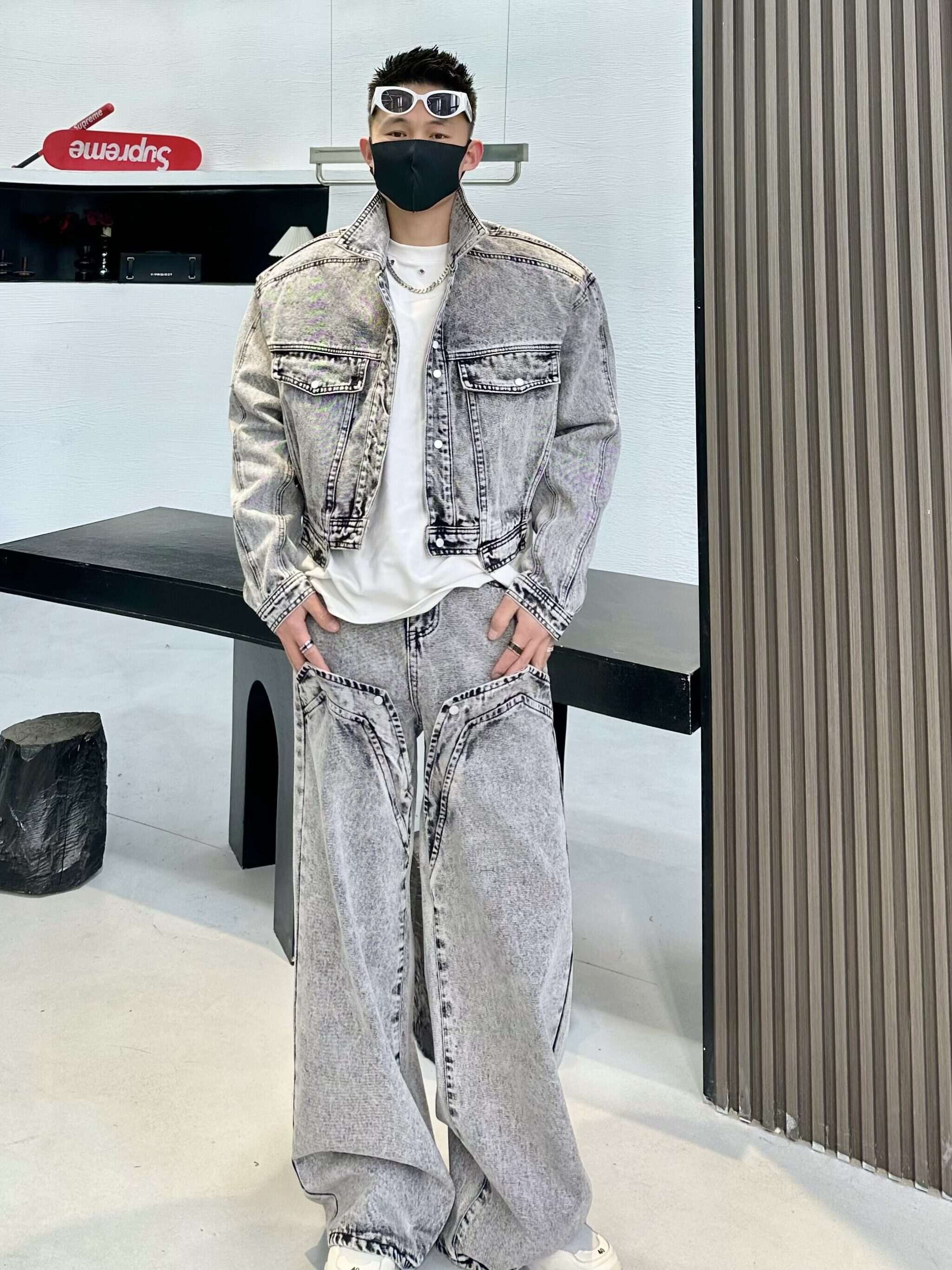 커플을 위한 패션 브랜드 코트 하이엔드 핸섬 봄 가을 재킷과 데님 수트 홍콩 스타일의 롱팬츠 투피스 세트