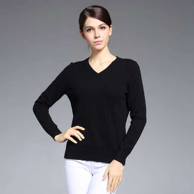 2023年鹿王羊绒衫女士V领纯色红色百搭 冬季休闲黑色打底针织毛衣