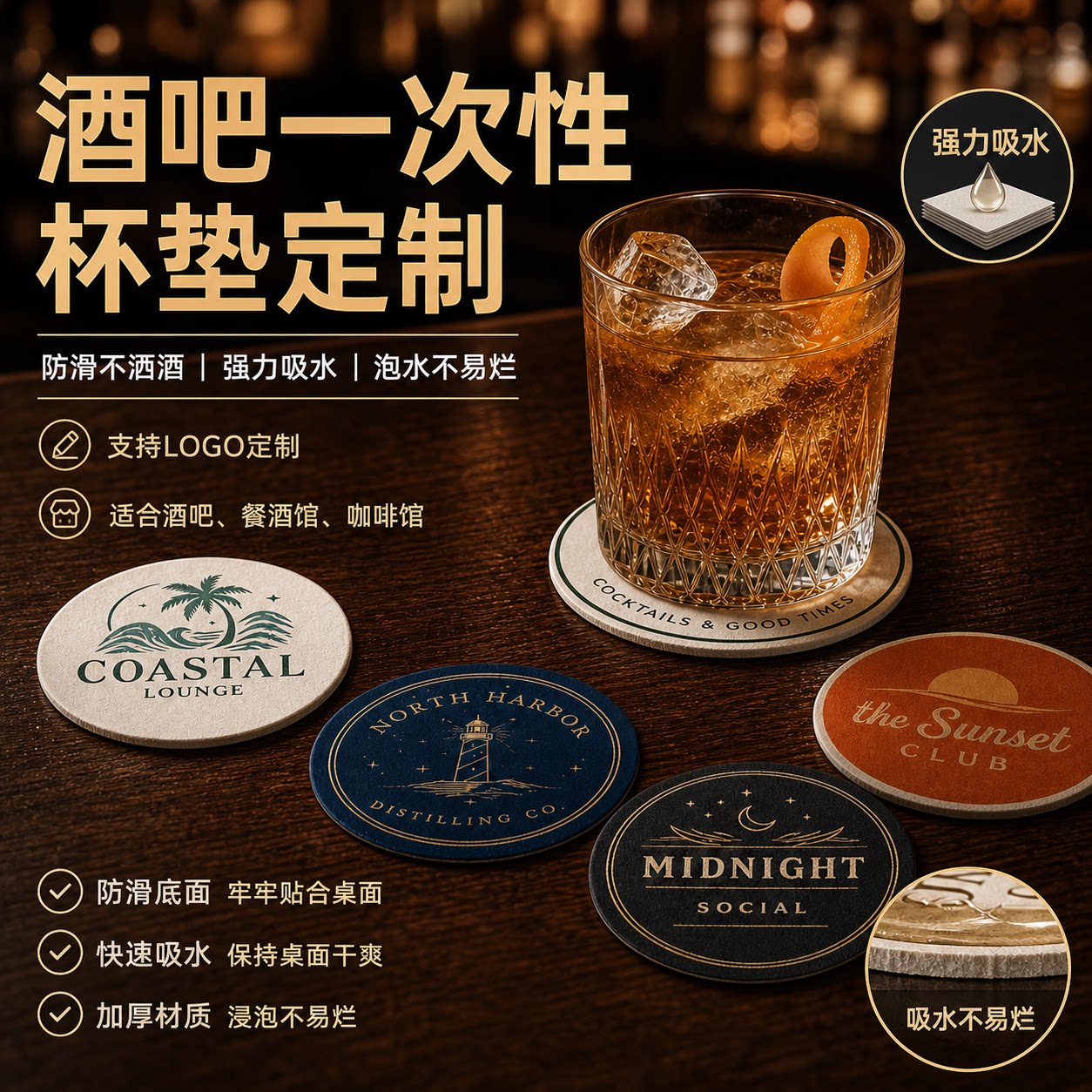 一次性酒吧纸杯垫定制logo啤酒咖啡鸡尾酒吸水隔热酒吧杯垫定做XF