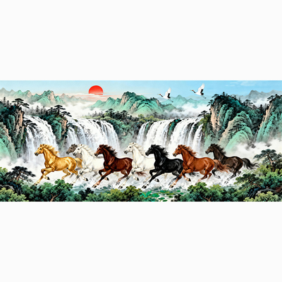 中式山水画客厅装饰画八骏图马群瀑布马到成功画无框自粘贴画