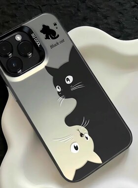 黑色猫咪适用13苹果15promax手机壳iphone14一加12红米k70小米100荣耀40308090真我nova11保护套50华为mate60