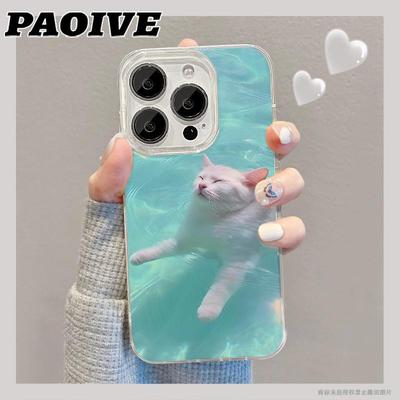 日韩小众游泳猫咪手机壳适用于苹果11/12/13/14/15promax创意趣味华为P50/60/70PRO情侣Mate40 /50/60保护套