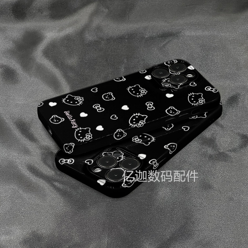 适用于iPhone16promax暗黑色满屏kt猫适用苹果14手机壳女款iphone13promax菲林超薄软壳12华为