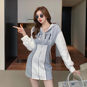RM22274#港味甜酷秋冬加绒加厚修身显瘦高腰撞色连帽卫衣连衣裙