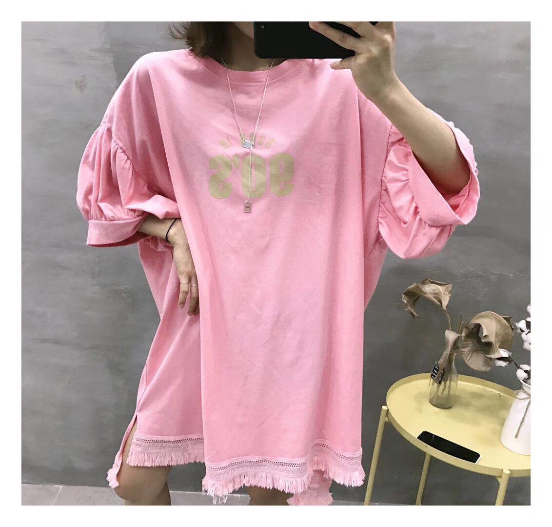 JLsunflower春夏装流苏女装宽松胖mm显瘦百搭韩版bf风纯棉上衣T桖